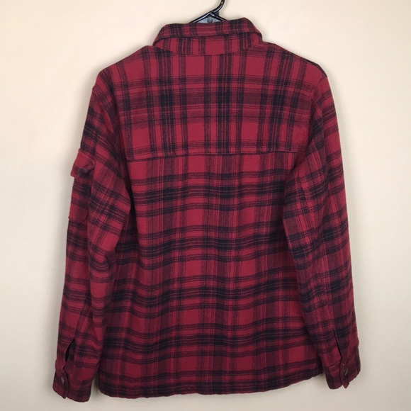 Fossil Men’s Plaid Flannel Multi-Pocket Red Black Shirt Jacket Shacket - Picture 6 of 10